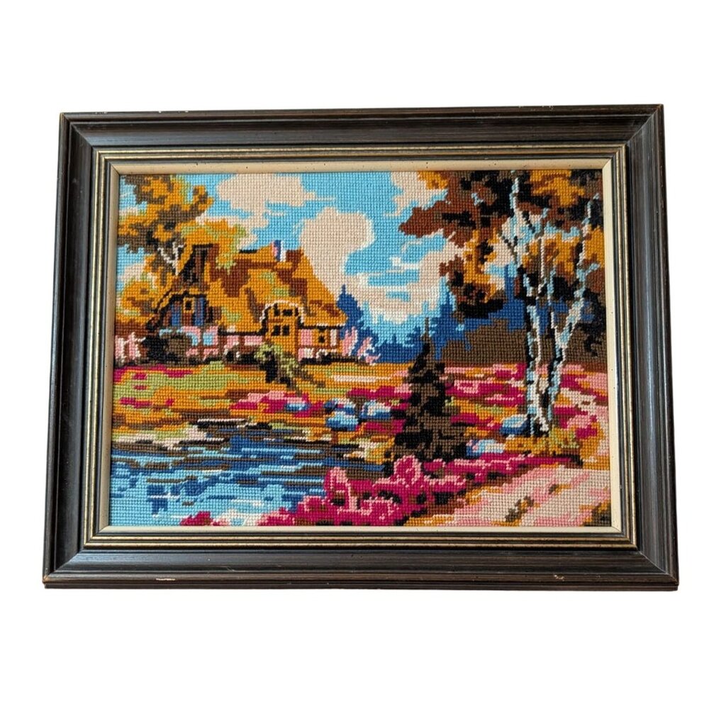 Vintage Needlepoint Tapestry Framed Scenic Landscape Art Piece 14.5x18.5 Inches - Picture 6 of 16